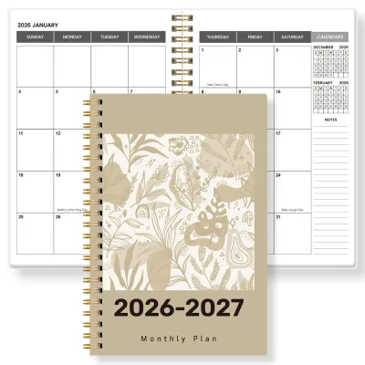 2026–2027 A5 Monthly Planner Spiral Notebook Beige Botanical Cover 24-Month Calendar Agenda Organizer for Work & Study