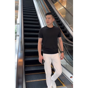 Summer Thin Ice Silk Elastic Knitted T-Shirt Short Sleeve Mens Slim Fit Half Sleeve Overhead Shirt Fashionable Urban Style round Neck Pure Color