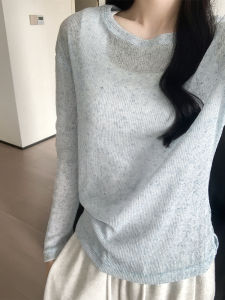 American Lazy Style Womens Summer Thin Long Sleeve Knitted Sunscreen Shirt Chic Transparent Blue Casual Loose Fit Top