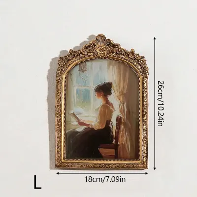 Antique Arch Shaped Photo Frame Gold Carved Embossed Resin Picture Frame Home Office Photo Display Tabletop Wall Hanging Decor