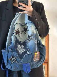 Cartoon Cat Sweet Versatile Denim Color Block Backpack School Bag for College Students Casual Leisure Scene Soft Canvas Material