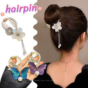 Digeo Pearl Butterfly Flower Mermaid Tassel Hair Bun Buckle Hairpin Bud Clip High Ponytail Buckle
