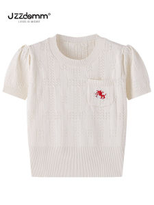 JZZDEMM Thời Trang Sành Điệu Ôm Vừa Vặn Dệt Kim Ngắn Tay Áo Có Vai Bong Bóng Phong Cách Cổ Điển Vòng Eo Inward Dây Rút Hoạt Hình Thêu