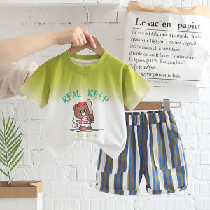 Boys Summer Cotton Blend Short Sleeve round Neck Two-Piece Set Breathable Lightweight Sporty Style Childrens Clothing
