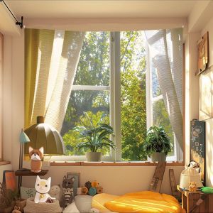VIKAMA Healing Series Window Side Cat Hut Tapestry Wall Art for Bedroom Living Room Decoration Japanese Sunshine Green Plants