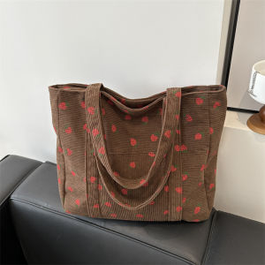 Versatile Corduroy Printed Tote Bag Large Capacity Single Shoulder Moving Canvas Bag Casual Fruit Pattern Korean Style Bag