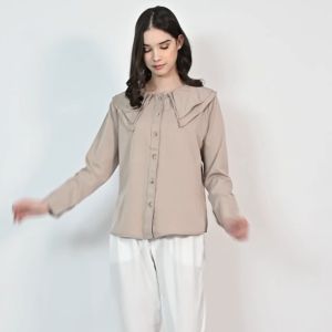 QUEENTIN Kemeja Casual Wanita 0366 Katun Donna Polos Lengan Panjang Korean Style