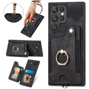 Wallet Card Slot Lanyard Phone Case For Samsung Galaxy S23 Ultra S23 Plus S22 Ultra S21 Ultra S20 Ultra S22 Plus Magnetic Finger Ring Flip Holder Leather Cover Casing For Samsung Galaxy S21 Plus S20 Plus S21 FE S20 FE