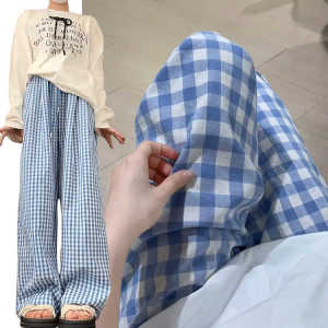 Blue Plaid Wide Leg Pants Womens Summer Thin Loose Straight Floor-Length Slimming High Waist Casual Trousers