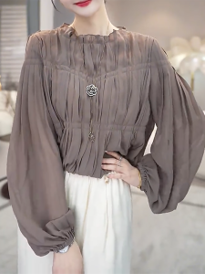 QINGNAER | Flounced Loose French Blouson Shirt Round Collar