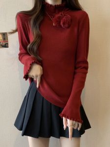 เสื้อเชิ้ตถักคอสูงครึ่งตัวสำหรับผู้หญิง ทรงสลิมฟิต สีแดง เสื้อชั้นในสไตล์เกาหลี ทรงเข้ารูป แขนยาว ปกติ