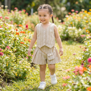 Moose Girl Sleeveless Blouse With Short Terno Set Beige Stripes Pattern (GWSKRS 604 7881 A MD12)