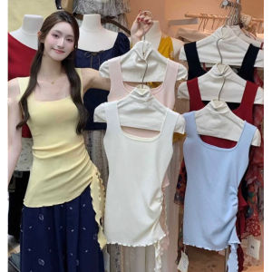 YUEZHONGWEI | เสื้อกั๊กแขนกุดถักสีเหลืองคอเหลี่ยมสำหรับผู้หญิงในช่วงฤดูร้อน เสื้อคลุมกันหนาวแบบไม่ซ้ำใครที่สวยงามและดูดี มีเข็มขัดตกแต่ง ผ้าคลุมไหล่ ผ้าคลุมไหล่