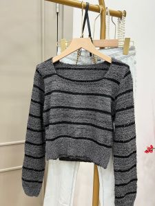 ●ECLAIRE● 043 Blouse Knit Rajut Crop Longslevess Lengan Panjang Crewneck Motif Stripe Salur Garis-garis Kasual Casual Kerja Lolanna Import