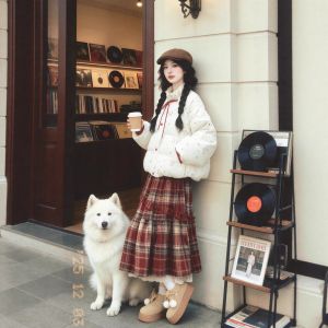 XUECAIQI | Stylish Warm Women Set Cotton Coat & Plaid Skirt