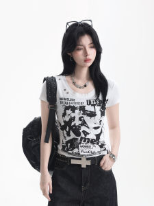 zuocisankon | Y2K Light Subculture American Individuality Printed Fitted Short Sleeve T-Shirt