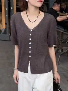 QINGNAER | Big Size Light and Soft V-Neck Short Sleeve Knitwear Simple and Versatile