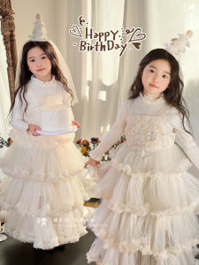 Autumn Winter Princess Dress for Girls Birthday Cake Skirt Style Vintage Floral Embroidery mid Waist Design Soft Mesh Fabric