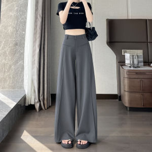 Extended Grey High Waist Wide Leg Suit Pants for Taller Women 175 180 Korean Style Drapey Floor-Length Casual Trousers