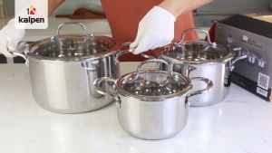 Bộ 3 nồi Inox 3 lớp liền khối Kalpen Kazler KZ1 chuẩn Đức - Gồm 03 size 16cm 20cm và 24cm (Có bán lẻ từng nồi)