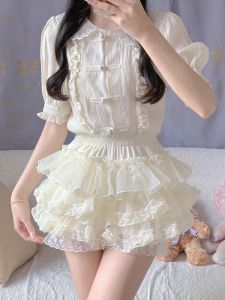 กางเกงทรงกระโปรงทรงสต็อกว่าปีเตอร์พัลป์แบบหลายชั้น ความยาวครึ่งแข้ง ทรงหลวม เอวกลาง สำหรับผู้หญิงวัย 18-24 ปี