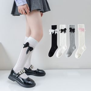Summer Children Long Tube Socks Solid Color Thin Breathable Mesh Stockings For Girls Bow Princess Cotton Kids Socks 3-12Years