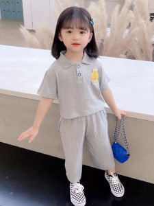 Girls Short Sleeve Fashionable Collared T-Shirt And Casual Sports Pants Two-Piece Set Summer Cotton Clothes for Kids