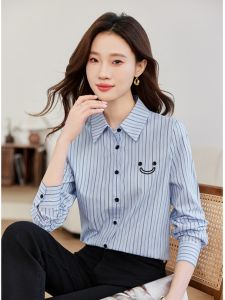 Womens Long Sleeve Striped Shirt Embroidered Contrast Color Vertical Pattern Office Commute Style Korean Fashion Polyester Fiber