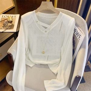 Womens V-neck Knitwear Hollow Stripe Thin Long Sleeve Early Autumn 2024 New Design Versatile Base Layer Top INS Loose Fit