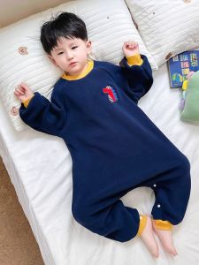 Bộ Đồ Ngủ Liền Thân Dino Chống Đá Cho Bé Trai Quần Áo Mặc Nhà Ấm Áp Mùa Xuân Bao Tay Vải Nhung Dài Tay Áo Choàng Trẻ Em