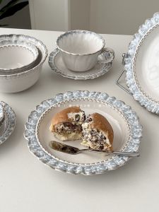 Sugar Miss Minimalist Style Ceramic Dinnerware Set Dessert Plate Smoke Blue Lace Bowl Plate Vintage Craft Underglaze Color