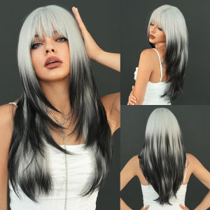 NAMM Halloween Long Straight Silver White Gradient Wig With Bangs For Women Daily Party Cosplay Synthetic Wigs With Fluffy Bangs