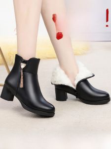 SHIPAILUO | Warm Fleece Lined Wool Cotton Martin Boots Thick Heel Mid Heel Winter Shoes For Mothers Fashionable Round Toe Booties