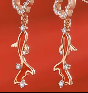 Viviann Original sterling silver Four leaf Grass Red Koi Earrings Female Sterling Silver Vintage New Chinese New Year Earrings Fish Red Enamel Stud Earrings for Women 925 Sterling Silver Spring Koi Ear Studs Festival Silver Fashion Jewelry