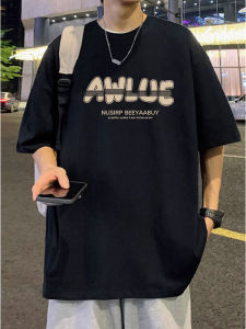 เสื้อยืดคอกลมแขนสั้นผ้าฝ้ายแท้สีดำสำหรับผู้ชาย ทรงหลวม ปิดกาว ปกโปโล เทรนด์ฤดูร้อน 2025 เสื้อเชิ้ตคอตตอนที่ทนทานต่อรอยยับ