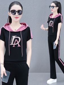 Summer Sportswear Set Women Loose Fit Hoodie Short Sleeve Long Pants Running Two Piece Casual Korean Style Slimming Outfit