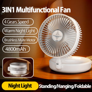 Foldable Desktop Fan 4 Speeds 1200mAh/4800mAh Battery Warm Night Light Wall Mount Quiet Rechargeable USB Fan for Home Use