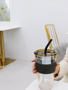 Gelas Tumbler 450ML Cangkir Kaca Mug Kopi Cup Glass Sedotan Botol Gelas Estetik Tali Tenteng Mikonos