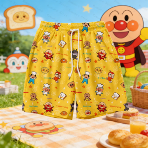 Bandai | Anpanman Cute Cartoon Print Shorts Summer Elastic Waist Drawstring Beach Pants for Kids Adults Breathable Quick Dry Mens Short