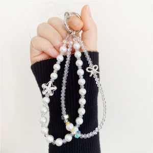 Luxury Pearl Crystal Beaded Phone Chain Star Bow Phone Wrist Strap Cute Handmade Mobile Lanyard for iPhone Samsung Cases