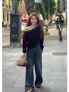 Retro Hong Kong Style High Waist Wide Leg Loose Fit Blue Denim Pants Womens Autumn Spring Straight Cut Trousers Long Pants