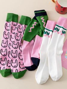 Color Matching Socks Womens Mid Tube Stockings Abstract Super Cute Cartoon Pink Rabbit Ins Trendy Socks Pure Cotton All-Matching Loose Socks