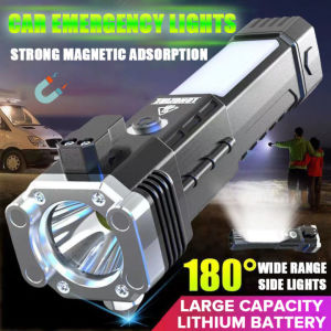 Led flashlight rechargeable super ligtht torch light powerful safety hammer flashlight with hammer emergency light Strong Light Magnets Side Light led flashlight waterproof original flash light COB Work Light fishing flashlight Camping Fire Self Rescue