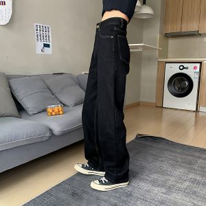 Loose High Waist Straight Leg Denim Jeans Womens Fashion Black Retro Wide Leg Pants Korean Style Chic 2025 New Arrival