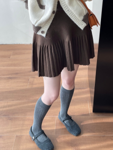 HUOLISI | Korean Style Muddy Brown Knit A-Line Pleated Mini Hem Dress Stretch Waist
