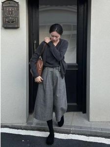 กางเกงขายาวทรงหลวมเอวสูงผ้าขนสัตว์สำหรับผู้หญิง กางเกงขายาวทรงหลวมทรงตรงทรงหลวมฤดูใบไม้ร่วง/ฤดูหนาว กางเกงขายาวทรงหลวม