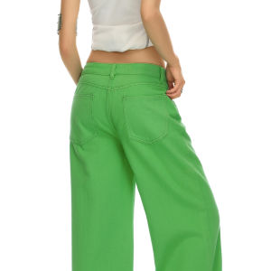 QIAOMIDUO | Spring Autumn Thin Colorful High Waist Womens Jeans Dopaamine Green Wide Leg Pants Floor Length Candy Color Casual Style
