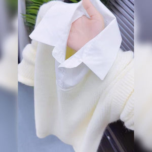 Stylish Chic Shirt Collar Faux Two-Piece Long Sleeve Knitwear