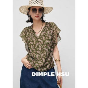 XMO | Thin Batwing Sleeve Printed V-neck Fitted Loosely Womens Blouse