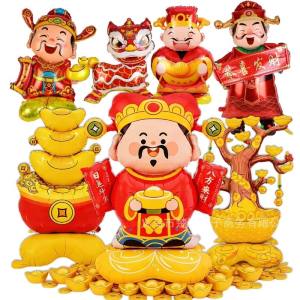 Large 3D God of Wealth Foil Balloon Chinese New Year Money Tree Standing Balloon 2026 Horse Year Festival Decoration